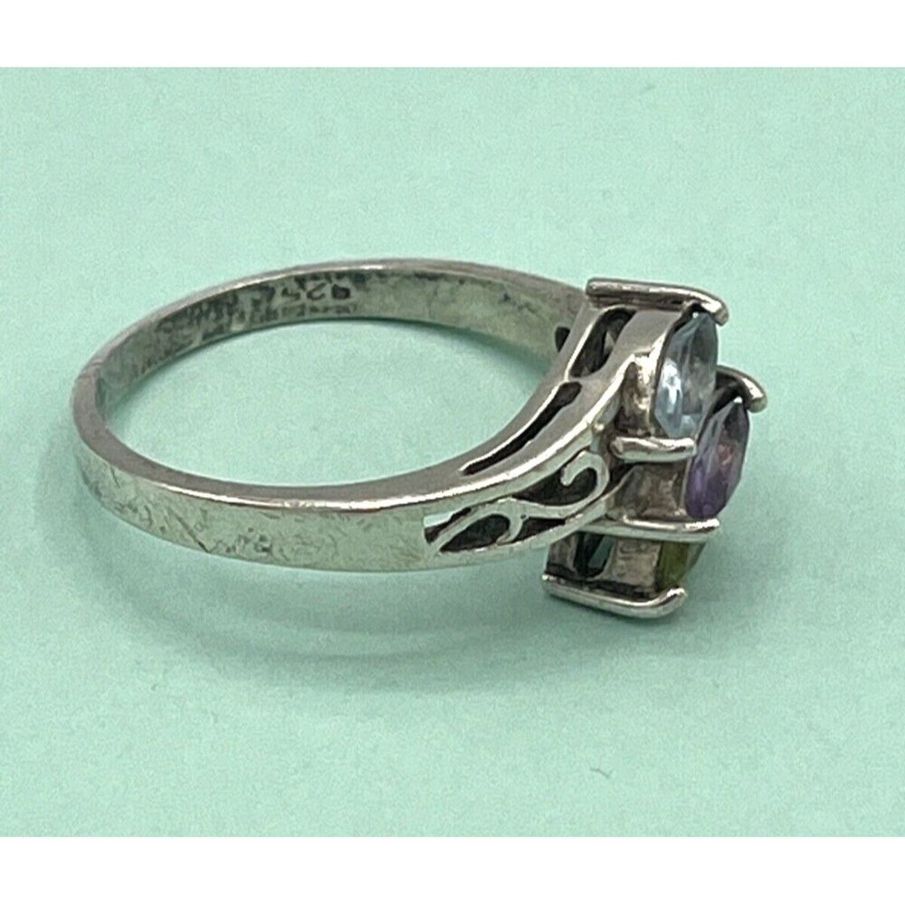 Vintage 925 Sterling Silver Three Stone Marquis Ring Amethyst Peridot Topaz 9.75 - Picture 3 of 6